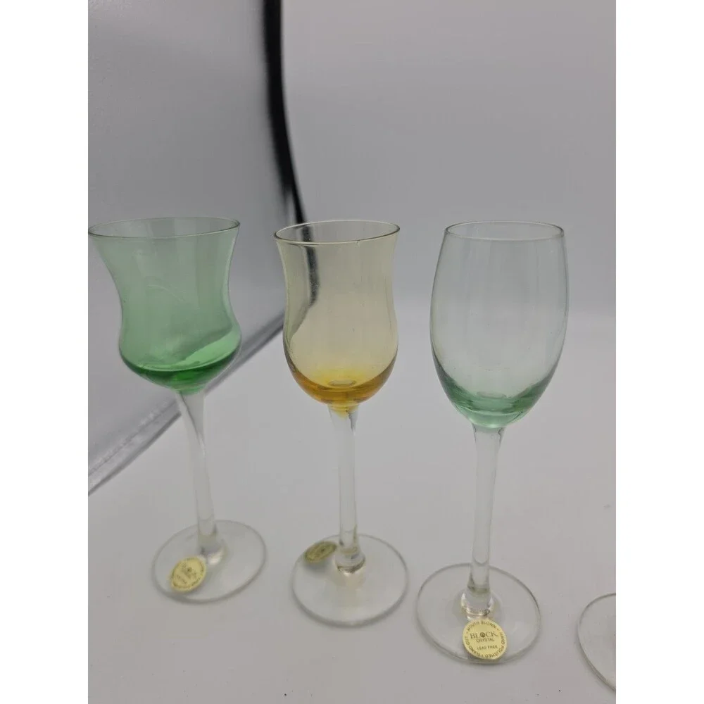 Block Crystal Set of 6 Multicolor Cordial Liqueur Glasses Mouth Blown Hand Cut